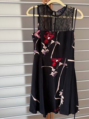 French Connection Black Dress with Red Floral Print and Belt